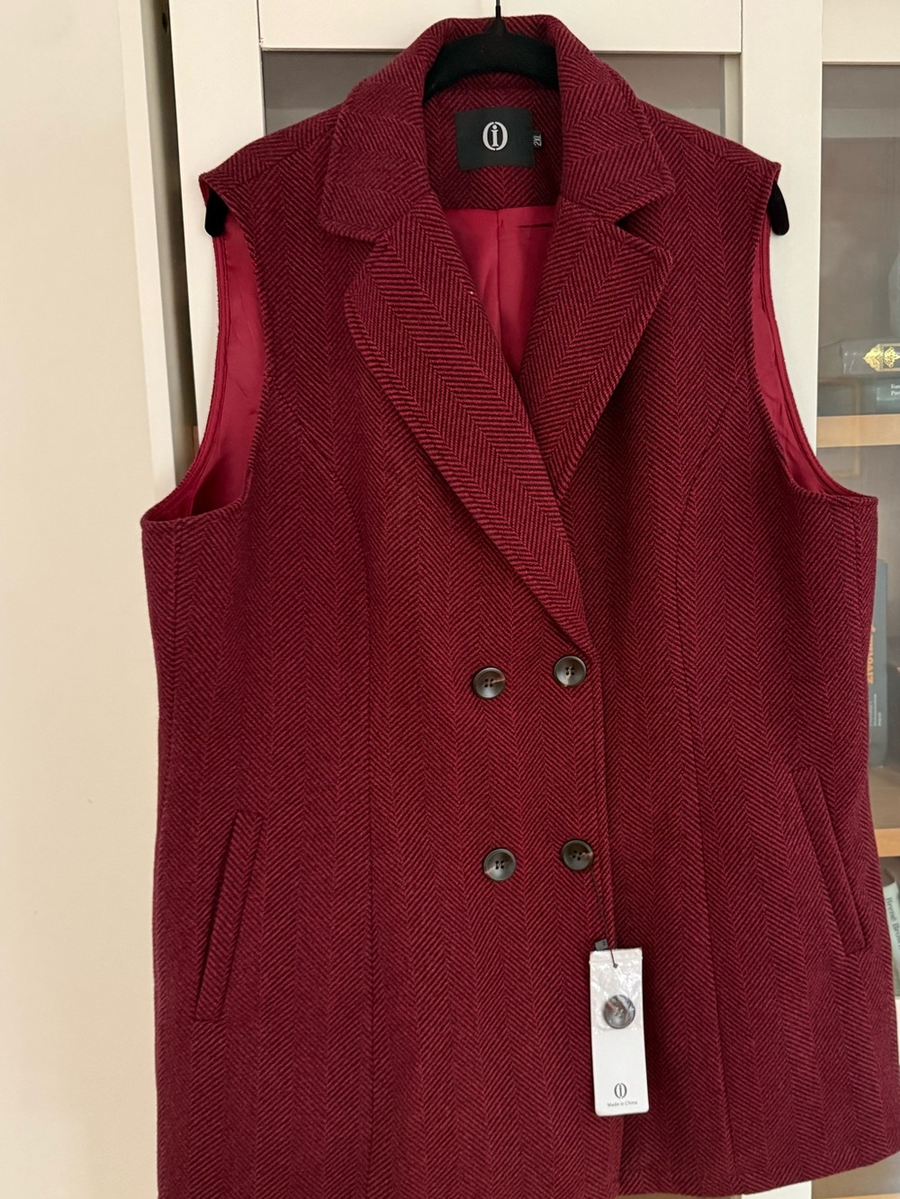Sleeveless Double-Breasted Herringbone Vest Jacket - Wine Red